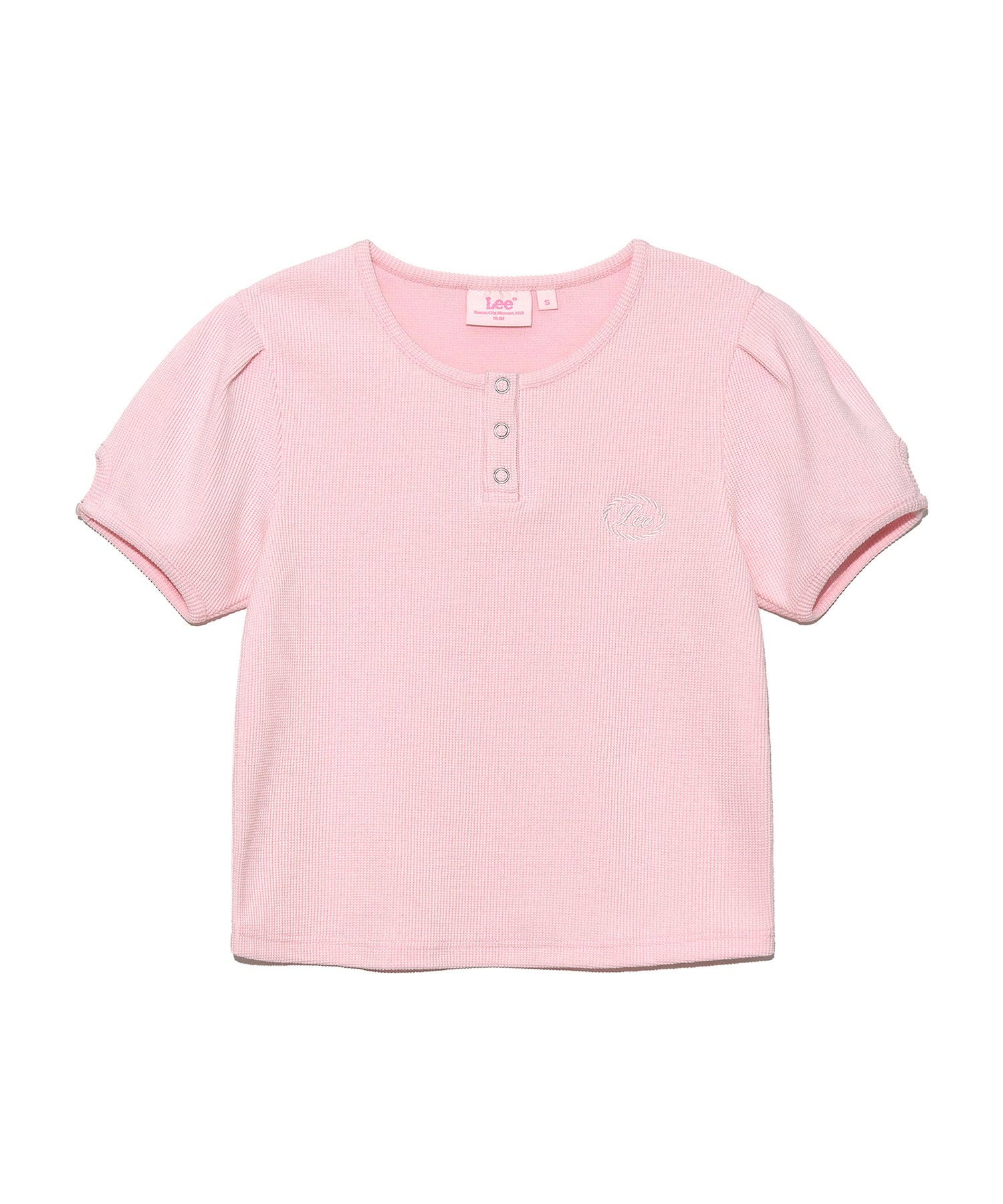 우먼 와플 헨리넥 티셔츠 핑크